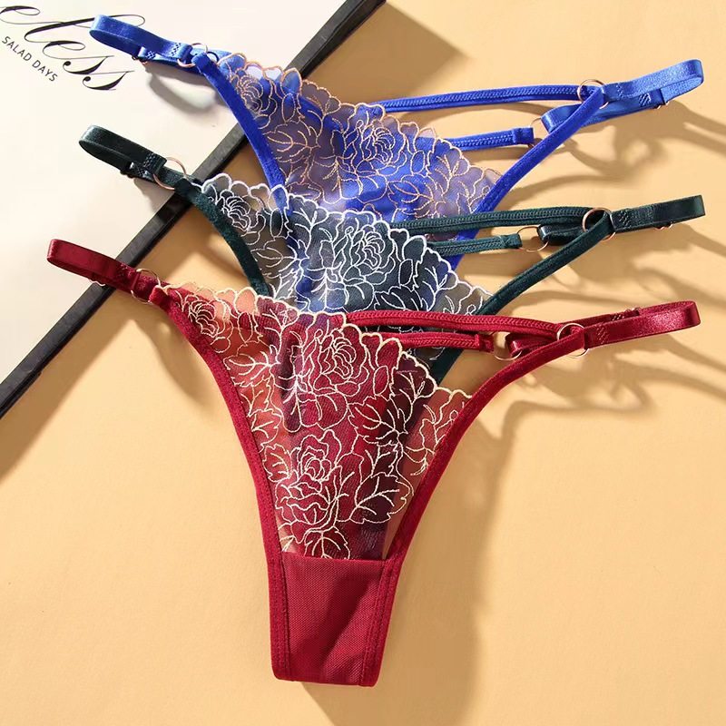 Women's Floral Lace Thong Panties - Adjustable Strap Satin Lingerie