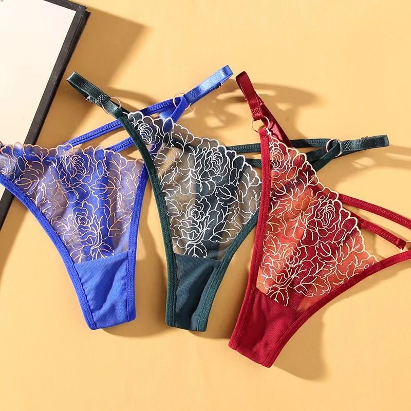 Women's Floral Lace Thong Panties - Adjustable Strap Satin Lingerie